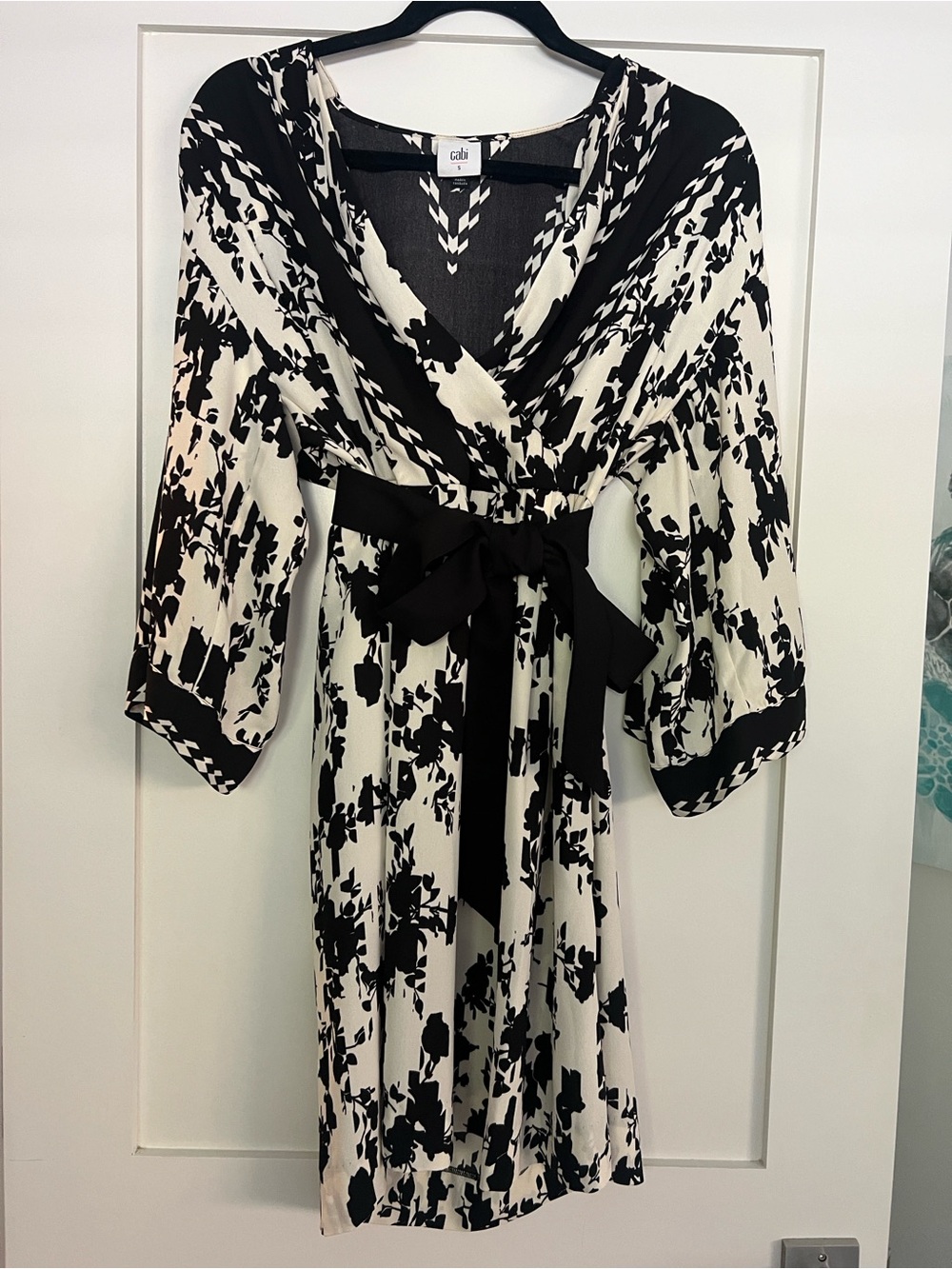 CAbi Black & White Floral-Print Wrap Dress with Sash